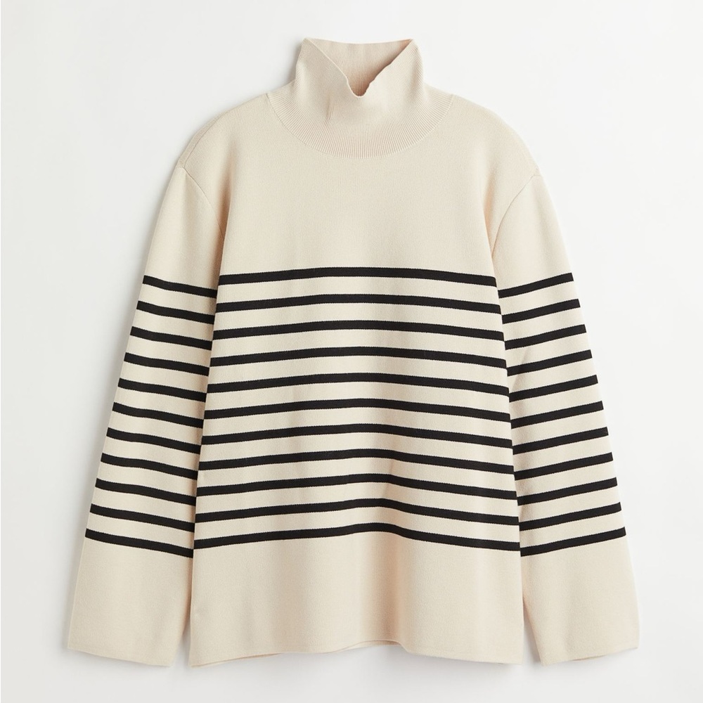 High-collar funnel neck striped sweater